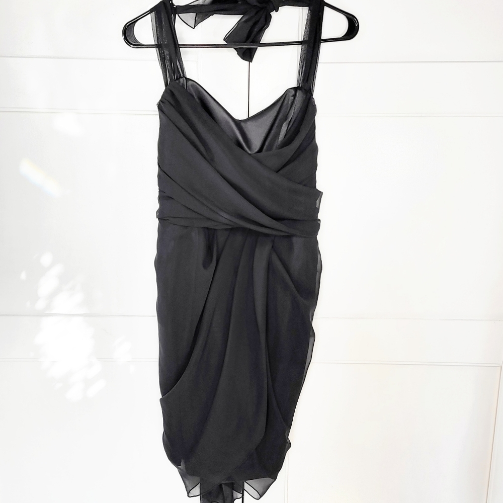 NWOT Black satin chiffon halter wrap dress